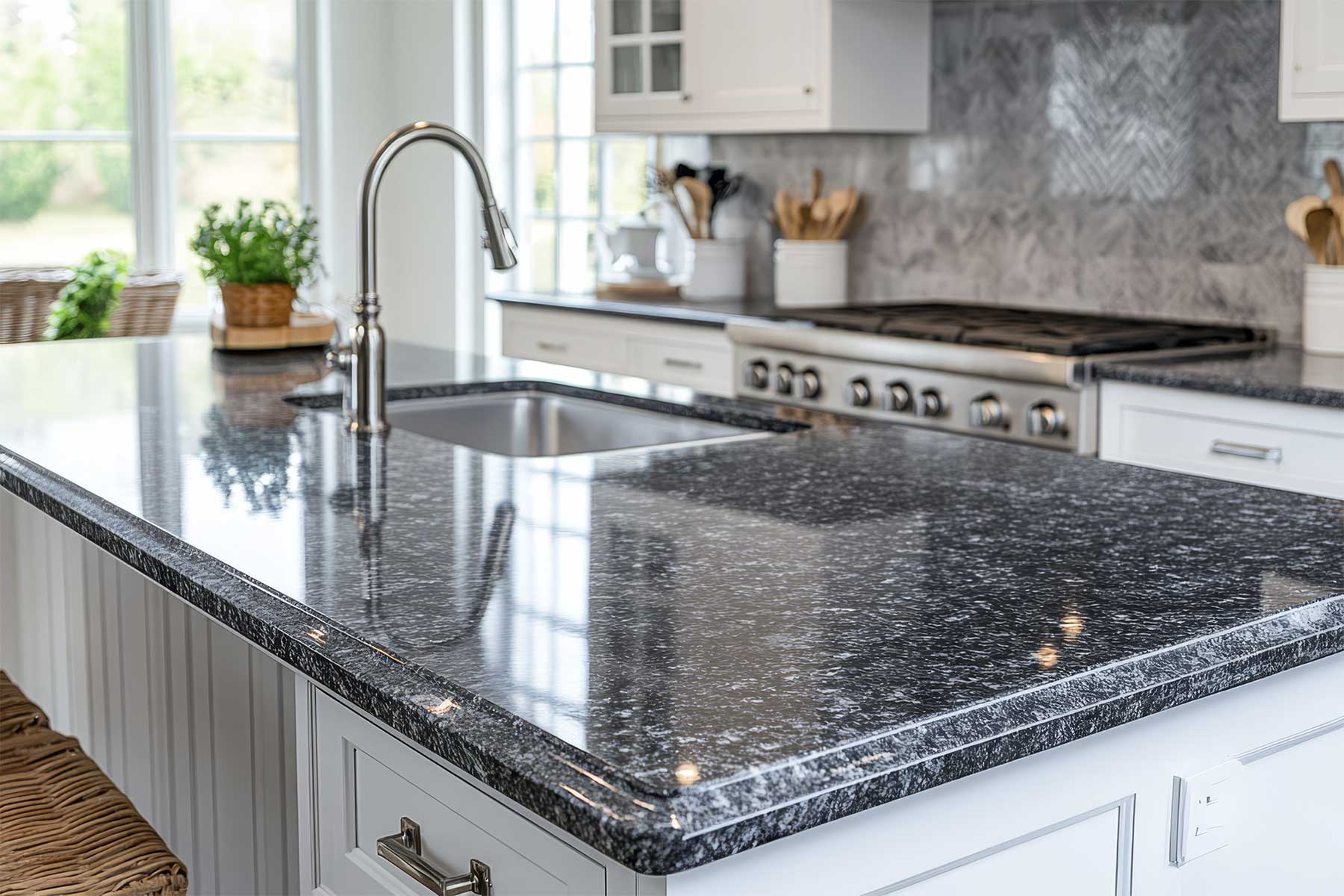 Kitchen island topped with black granite worktop with white speckles