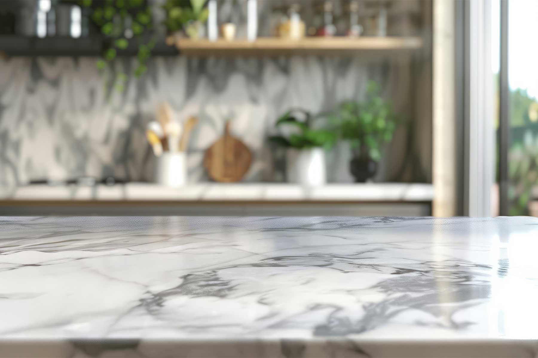 White marble worktop with striking black veins with matching spashbacks