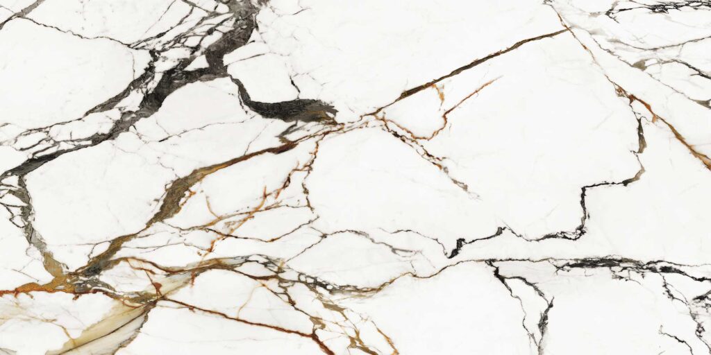 Paonazzo Biondo Silk white marble effect porcelain slab with striking black, gold and copper veining