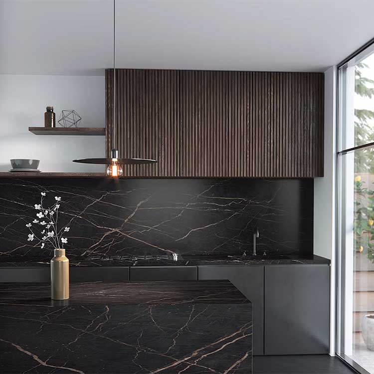 Dark wood modern kitchen with black Dekton Laurent stone effect porcelain worktops