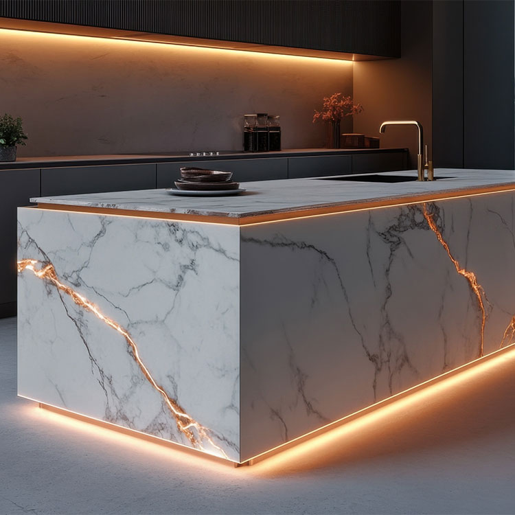 Modern kitchen with white illuminated marble worktops and island cladding