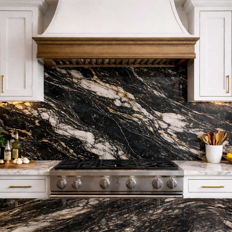 A traditional style kitchen with luxurious Cosmic Black Granite stone worktops and matching splashback behind the gas stove
