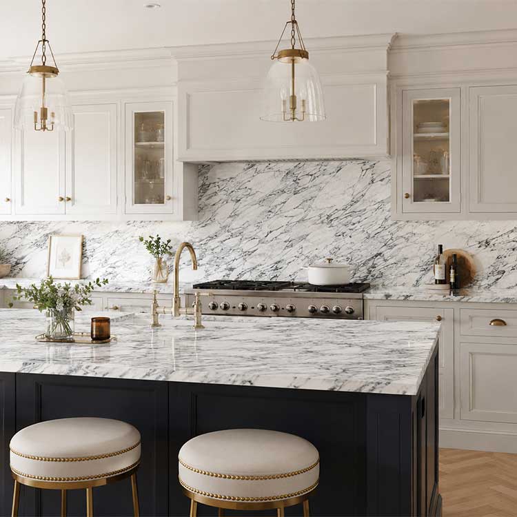 Large traditional Shaker style kitchen with Arabescato Corichia white and grey marble worktops and matching splashbacks - ai generated image to show stone worktop material