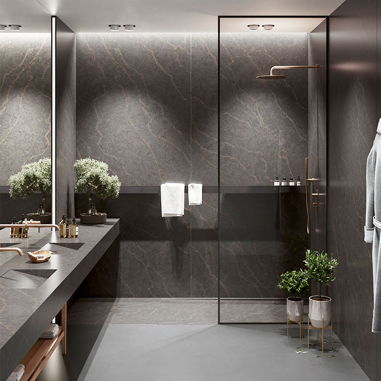 Luxury wetroom shower with walls clad in black Silestone Bohemian Flame quartz stone slabs