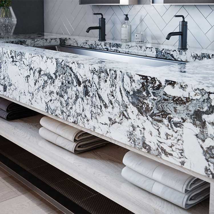 Bespoke modern black and white marble bathroom vanity unit with twin inset sinks