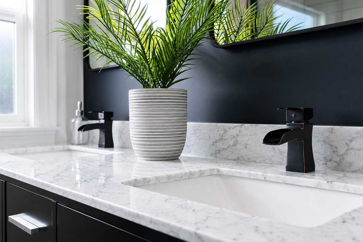 New bathroom with double sinks and luxurious Carrara marble vanity worktop