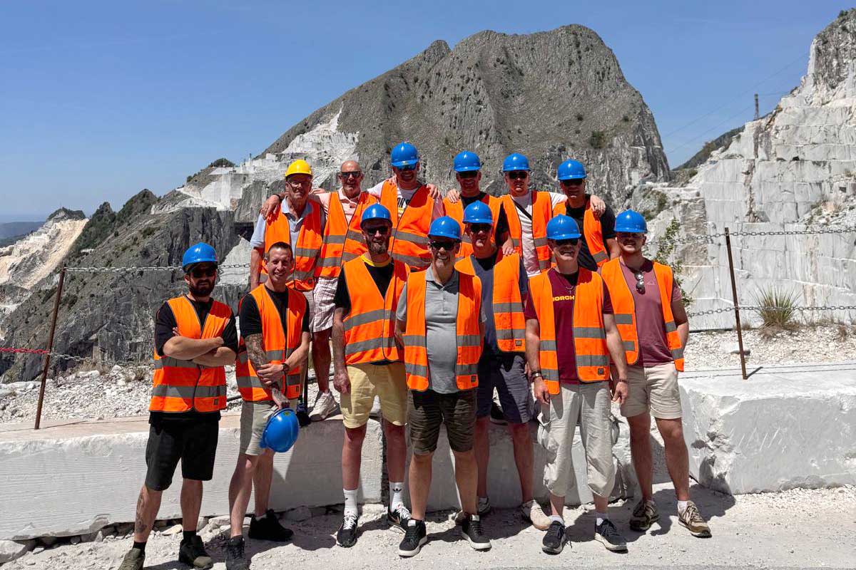 The LBS Stone team pictured at Carrara marble Quarry No. 83 Canalgrande Alto in the Apuan Alps of northern Tuscany