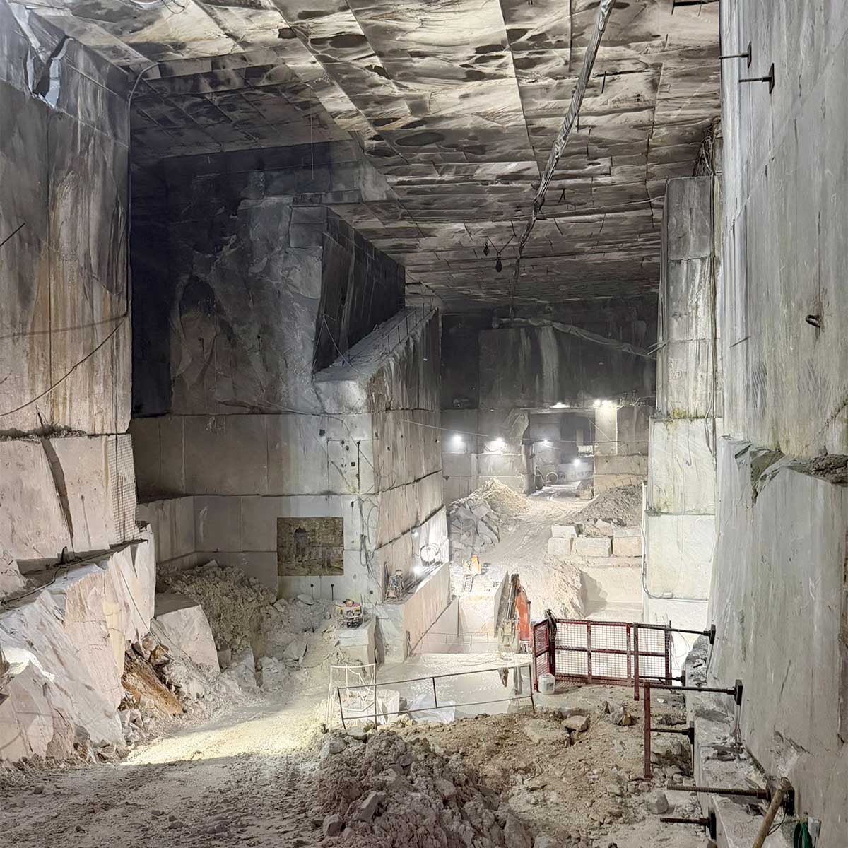 Huge blocks of Carrara marble being quarried underground at Quarry No. 83 Canalgrande Alto in the Apuan Alps of Italy